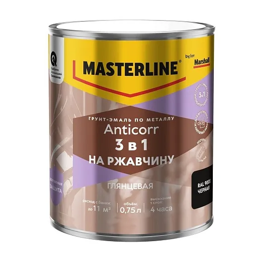 Грунт-эмаль по ржавчине 3в1 Masterline Anticorr черная RAL 9005 глянцевая 0,75 л Грунт-эмаль по ржавчине 3в1 Masterline Anticorr черная RAL 9005 глянцевая 0,75 л