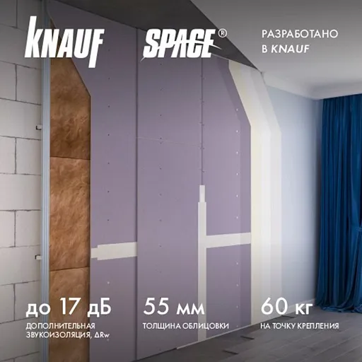Система звукоизоляции для облицовки стен Knauf Space Комфорт 55 мм 9 кв.м Система звукоизоляции для облицовки стен Knauf Space Комфорт 55 мм 9 кв.м