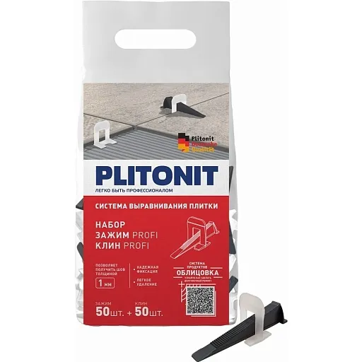 Система выравнивания плитки Plitonit Profi mini 1 мм комплект (зажим ворота, клин) (50+50 шт.) Система выравнивания плитки Plitonit Profi mini 1 мм комплект (зажим ворота, клин) (50+50 шт.)
