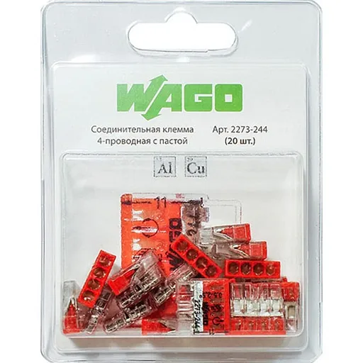 Клемма на 4 провода Wago 2273-244 0,5-2,5 кв. мм самозажимная с пастой (20 шт.)