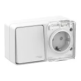 Блок выключатель и розетка Systeme Electric AtlasDesign Profi54 одноклавишный накладной белый (ATN540170)