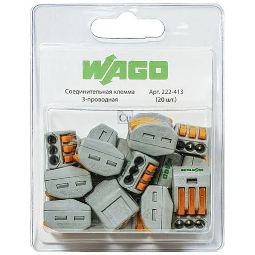 Клемма на 3 провода Wago 222-413 0,08-2,5 кв. мм с рычажками без пасты (20 шт.) Клемма на 3 провода Wago 222-413 0,08-2,5 кв. мм с рычажками без пасты (20 шт.)