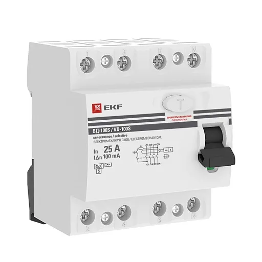 УЗО EKF PROxima ВД-100 25А 3P+N тип AC 100 мА 4,5 кА селективное (elcb-4-25-100S-em-pro) УЗО EKF PROxima ВД-100 25А 3P+N тип AC 100 мА 4,5 кА селективное (elcb-4-25-100S-em-pro)