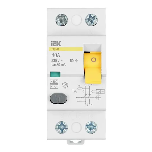 УЗО IEK Karat ВД1-63 40А 1P+N тип AC 30 мА 4,5 кА (MDV10-2-040-030) УЗО IEK Karat ВД1-63 40А 1P+N тип AC 30 мА 4,5 кА (MDV10-2-040-030)