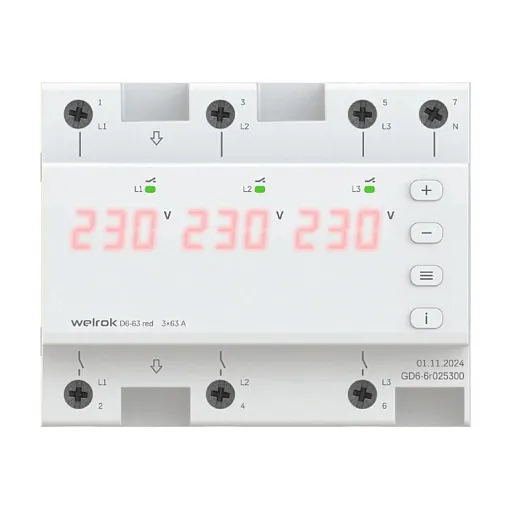 Реле напряжения модульное Welrok D6-63 red 230 В 63 А тип AC с дисплеем Реле напряжения модульное Welrok D6-63 red 230 В 63 А тип AC с дисплеем