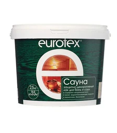 Лак Eurotex Сауна для бань и саун акриловый бесцветный 2,5 кг Лак Eurotex Сауна для бань и саун акриловый бесцветный 2,5 кг