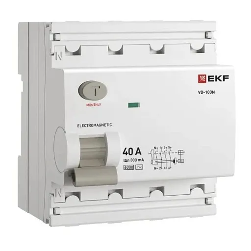 УЗО EKF PROxima ВД-100N 40А 3P+N тип AC 300 мА 6 кА (E1046M40300) УЗО EKF PROxima ВД-100N 40А 3P+N тип AC 300 мА 6 кА (E1046M40300)