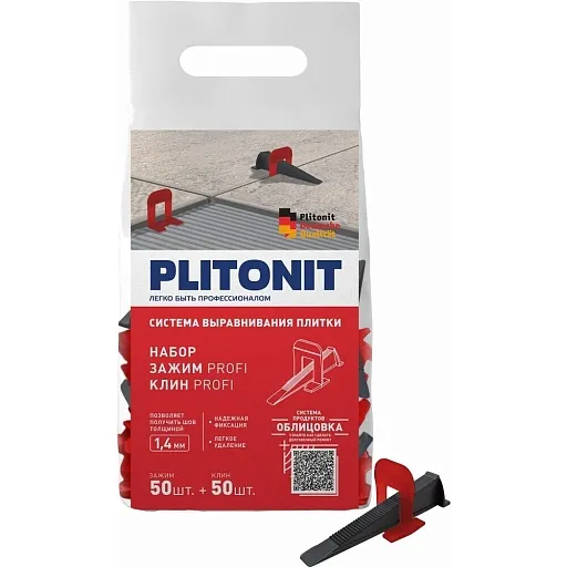 Система выравнивания плитки Plitonit Profi mini 1,4 мм комплект (зажим ворота, клин) (50+50 шт.) Система выравнивания плитки Plitonit Profi mini 1,4 мм комплект (зажим ворота, клин) (50+50 шт.)