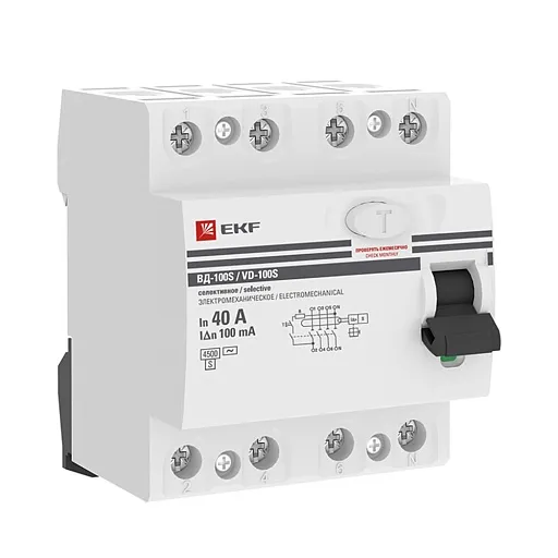 УЗО EKF PROxima ВД-100 40А 3P+N тип AC 100 мА 4,5 кА селективное (elcb-4-40-100S-em-pro) УЗО EKF PROxima ВД-100 40А 3P+N тип AC 100 мА 4,5 кА селективное (elcb-4-40-100S-em-pro)