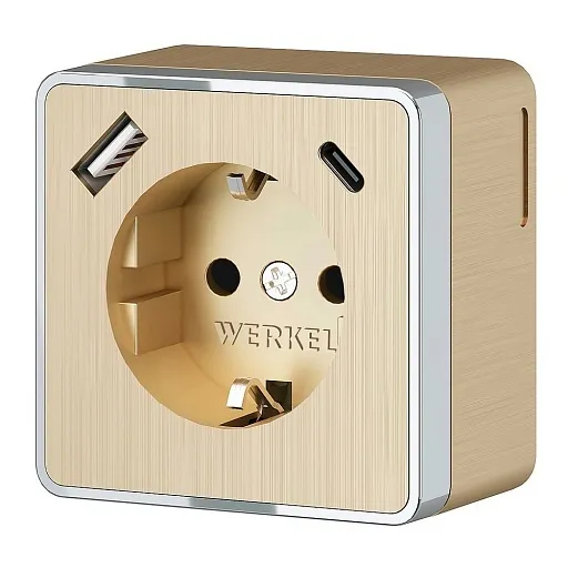 Розетка Werkel Gallant накладная шампань рифленая с заземлением со шторками с USB-A/ Type-C (a057703) Розетка Werkel Gallant накладная шампань рифленая с заземлением со шторками с USB-A/ Type-C (a057703)