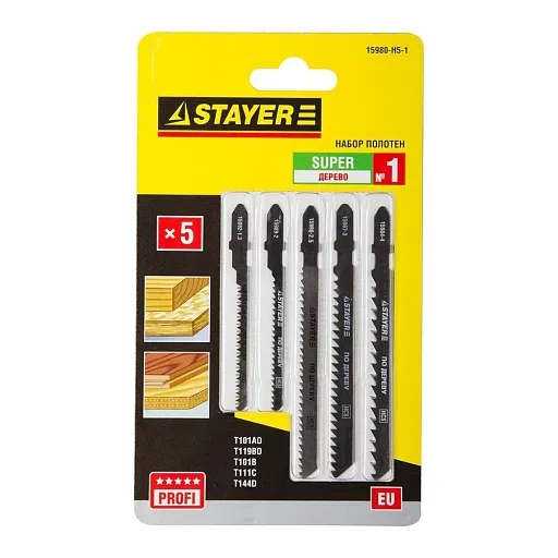 Пилки для лобзика Stayer Profi по дереву криволинейный рез (5 шт.) (15980-H5-1) Пилки для лобзика Stayer Profi по дереву криволинейный рез (5 шт.) (15980-H5-1)