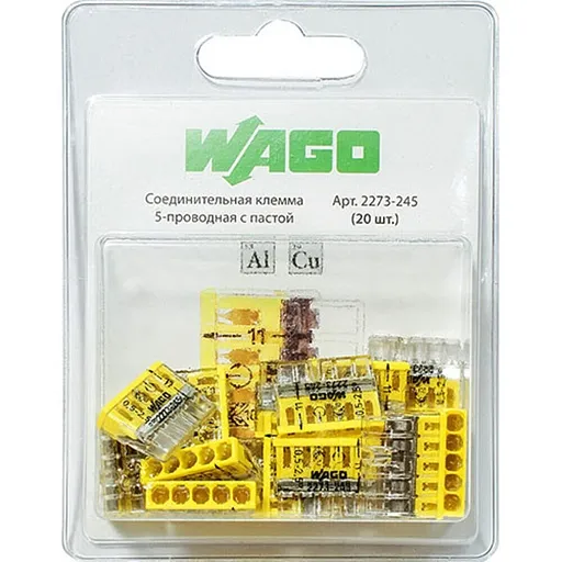 Клемма на 5 проводов Wago 2273-245 0,5-2,5 кв. мм самозажимная с пастой (20 шт.) Клемма на 5 проводов Wago 2273-245 0,5-2,5 кв. мм самозажимная с пастой (20 шт.)