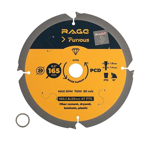 Диск пильный по фиброцементу Rage Furious 165x20x1,4 мм 4 зуба (594365) Диск пильный по фиброцементу Rage Furious 165x20x1,4 мм 4 зуба (594365)