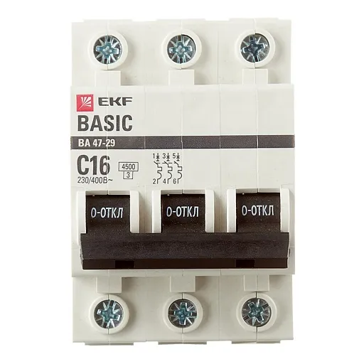 Автоматический выключатель модульный EKF Basic ВА 47-29 3P 16А тип C 4,5 кА 400 В (mcb4729-3-16C) Автоматический выключатель модульный EKF Basic ВА 47-29 3P 16А тип C 4,5 кА 400 В (mcb4729-3-16C)