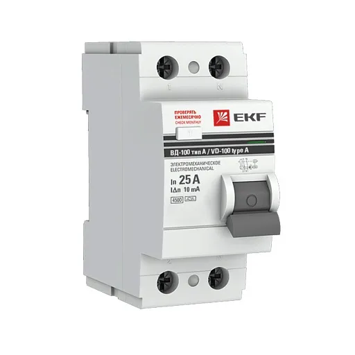 УЗО EKF PROxima ВД-100 25А 1P+N тип A 10 мА 4,5 кА (elcb-2-25-10-em-a-pro) УЗО EKF PROxima ВД-100 25А 1P+N тип A 10 мА 4,5 кА (elcb-2-25-10-em-a-pro)