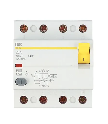 УЗО IEK Karat ВД1-63 25А 3P+N тип AC 30 мА 4,5 кА (MDV10-4-025-030) УЗО IEK Karat ВД1-63 25А 3P+N тип AC 30 мА 4,5 кА (MDV10-4-025-030)