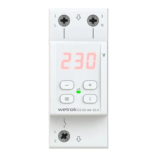 Реле напряжения модульное Welrok D2-63 red 220 В 63 А тип AC цифровое Реле напряжения модульное Welrok D2-63 red 220 В 63 А тип AC цифровое