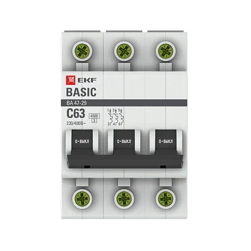 Автоматический выключатель модульный EKF Basic ВА 47-29 3P 63А тип C 4,5 кА 400 В (mcb4729-3-63C) Автоматический выключатель модульный EKF Basic ВА 47-29 3P 63А тип C 4,5 кА 400 В (mcb4729-3-63C)